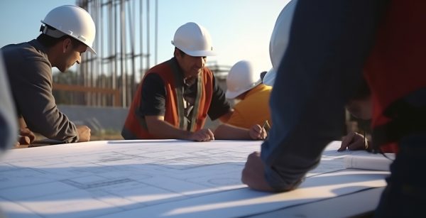 Men in white hard hats working outdoors looking at technical drawings